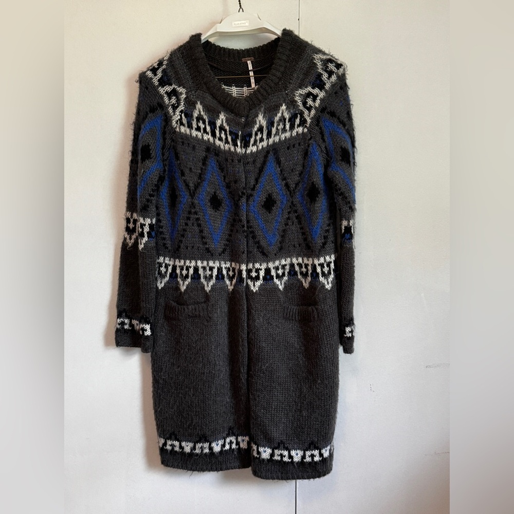 Free People Gray and Blue Cardigan with Nordic Pattern